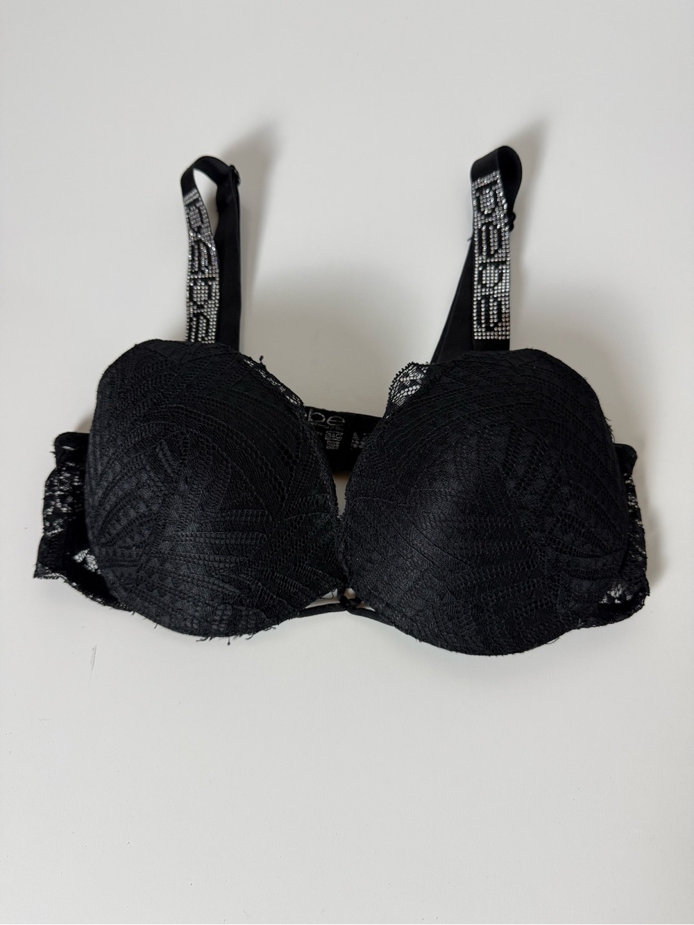 Bebe Rhinestone Strap Lace Bra 34C Black Y2K Glam Sexy Lingerie